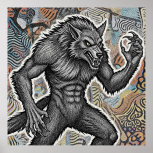 Affiche Illustration Vintage de Loup-Garou Loup Gothique F
