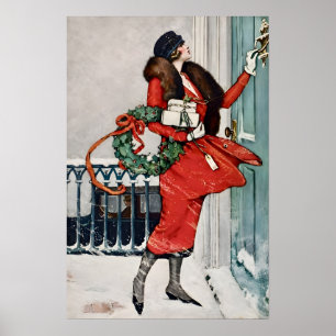 Affiche Illustration vintage de Noël sur le pas de la port