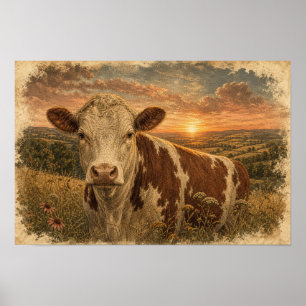 Affiche Illustration Vintage de Vache des Highlands au Cou