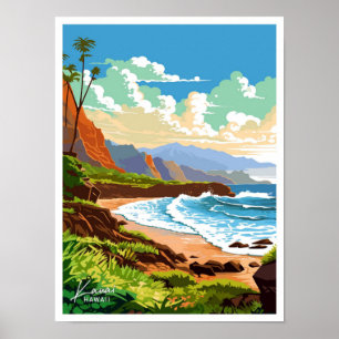 Affiche Illustration Vintage de voyage de Kauai Hawaii