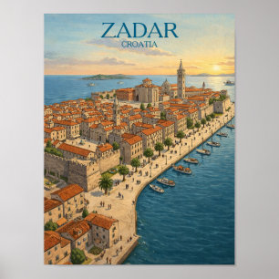 Affiche Illustration vintage de Zadar Croatie Côte Adriati