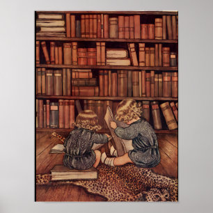 Affiche Illustration vintage d'enfants lisant dans une bib