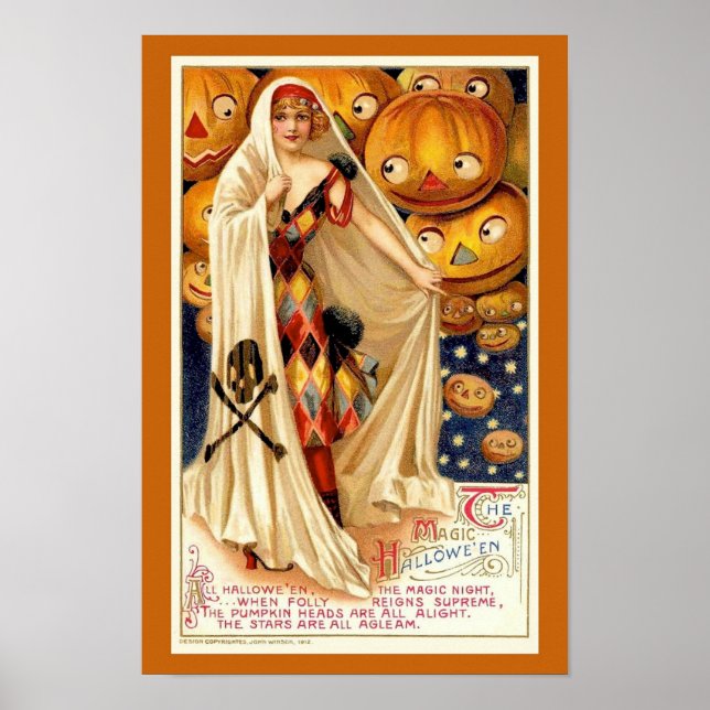 Affiche Illustration vintage d'Halloween sorcière citrouil (Devant)