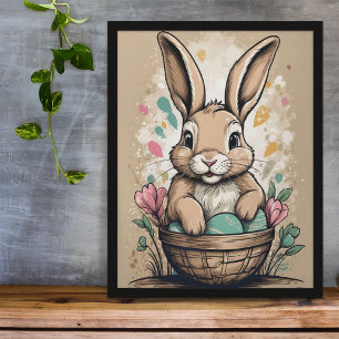 Affiche Illustration vintage du panier d'oeufs de lapin de