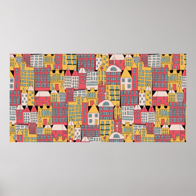 Affiche Illustration vintage d'un bâtiment urbain dans le (Devant)