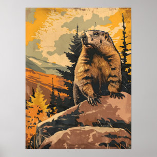 Affiche Illustration vintage d'une marmotte