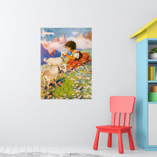 Affiche Illustration Vintage Florale Petite Fille Heidi