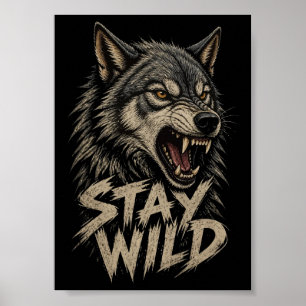 Affiche Illustration Vintage Loup Grognant Sauvage 