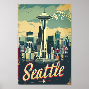 Affiche Illustration Vintage voyage de Seattle Washington
