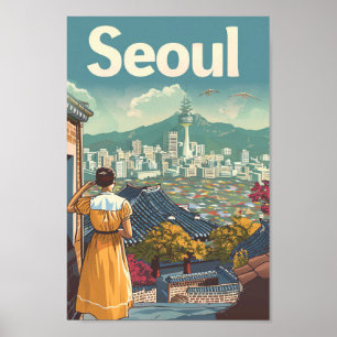 Affiche Illustration Vintage voyage de Séoul en Corée du S