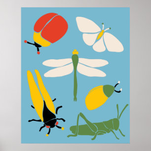 Affiche Illustrations des insectes de bogues rétro bleu cl