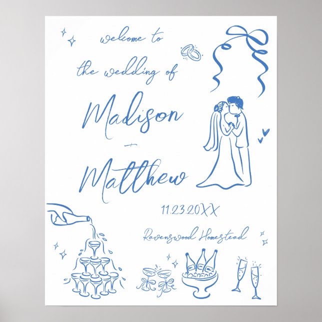 Affiche Illustrations dessinées à la main Mariage Bienvenu (Devant)