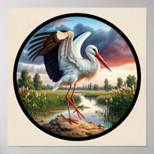 Affiche Image 3D circulaire d'une belle cigogne blanche