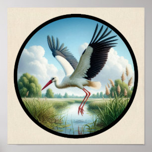 Affiche Image 3D circulaire d'une belle cigogne blanche