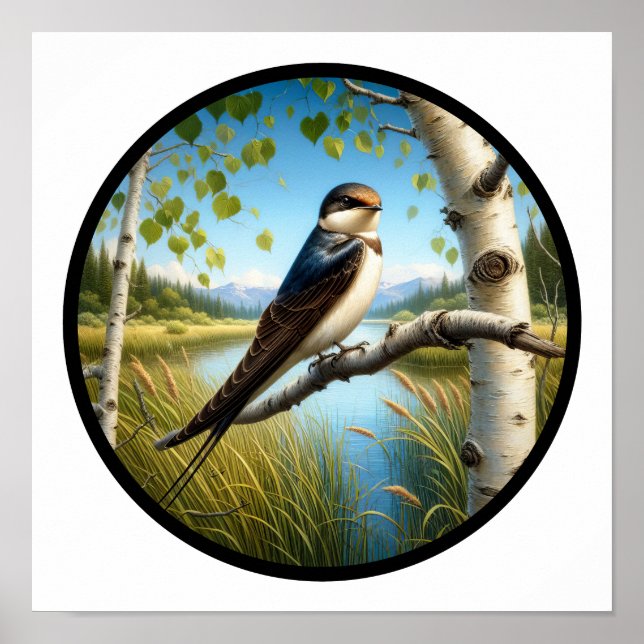Affiche Image 3D circulaire d'une hirondelle d'arbre perch (Devant)