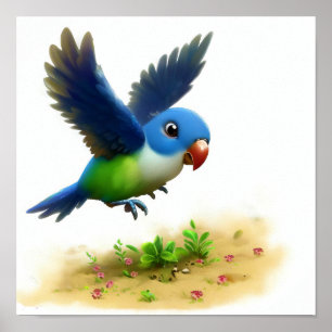 Affiche Image 3D d'un perroquet à couronne bleue