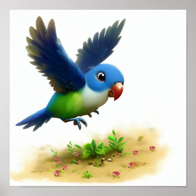 Affiche Image 3D d'un perroquet à couronne bleue (Devant)