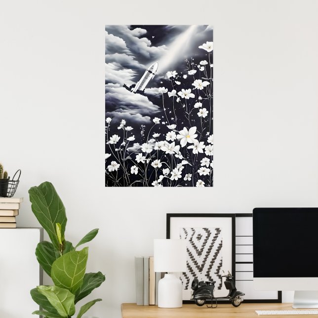 Affiche Image de fleurs et d'une fusée dans le ciel (Bureau à domicile)