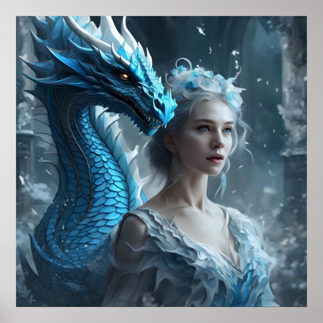 Affiche - Image IA Dragon et Fille Bleu Clair Légè (Devant)