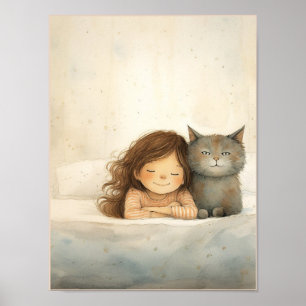 Affiche Image mignonne de petite fille et chat