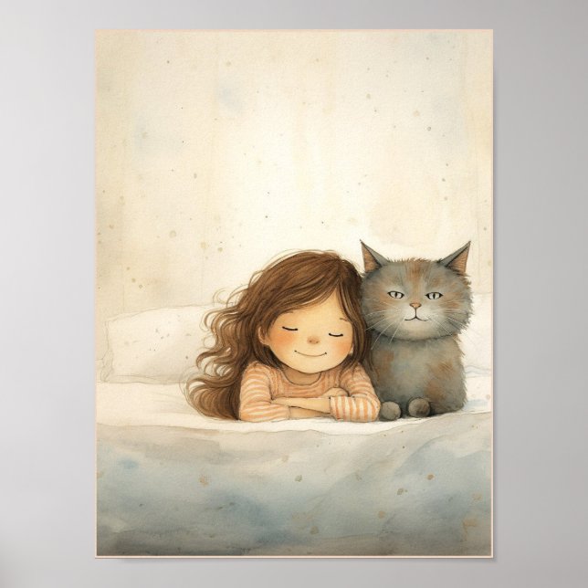 Affiche Image mignonne de petite fille et chat (Devant)