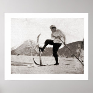 Affiche Images de ski vintage, Skis en bois, pôle unique