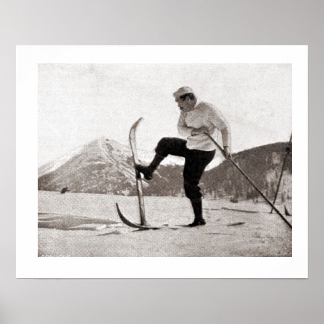 Affiche Images de ski vintage, Skis en bois, pôle unique (Devant)