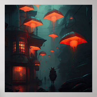 Affiche Imaginaire asiatique ville de nuit avec lanternes 