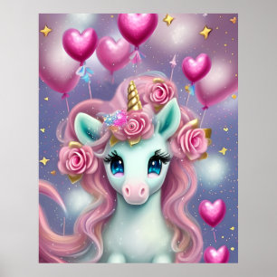 Affiche Imaginaire Bébé blanc licorne avec Coeurs roses