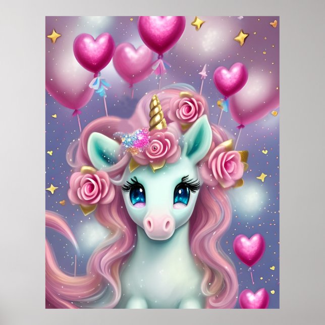 Affiche Imaginaire Bébé blanc licorne avec Coeurs roses (Devant)