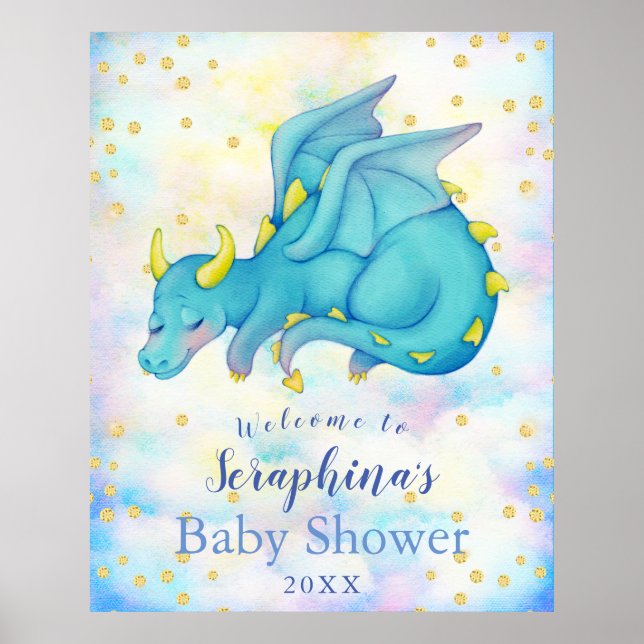 Affiche Imaginaire Boys Blue Dragon Baby shower Bienvenue (Devant)
