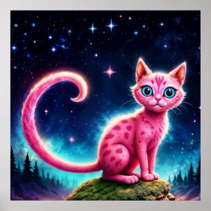 Affiche Imaginaire chat rose dans la forêt de nuit étoilée