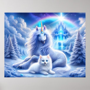 Affiche Imaginaire d'hiver avec belle licorne et Kitten