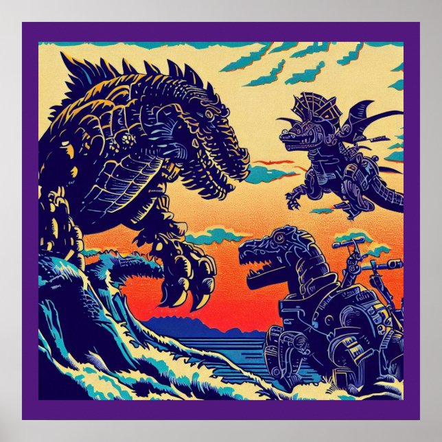 Affiche Imaginaire Dinosaure Robots Anime - Woodcut 1 (Devant)