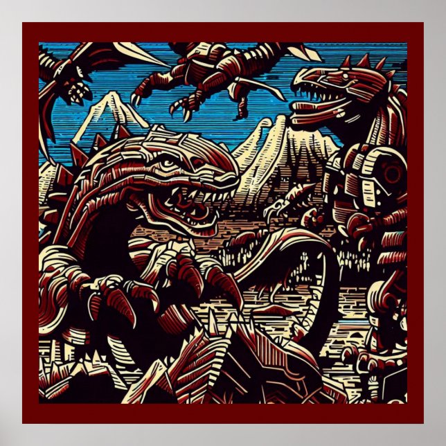 Affiche Imaginaire Dinosaure Robots Anime - Woodcut 2 (Devant)