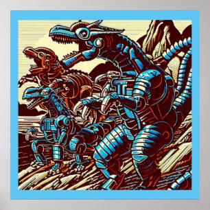 Affiche Imaginaire Dinosaure Robots Anime - Woodcut 3