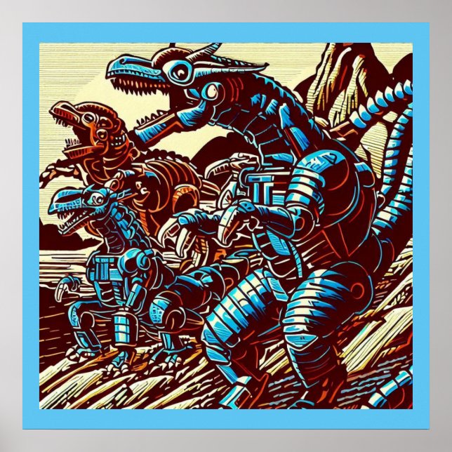 Affiche Imaginaire Dinosaure Robots Anime - Woodcut 3 (Devant)