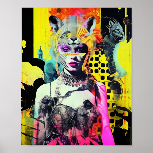 Affiche Imaginaire Femme et Animaux Collage coloré (Devant)