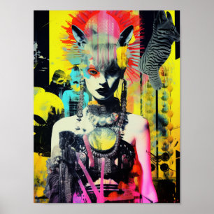 Affiche Imaginaire Femme et Animaux Collage coloré