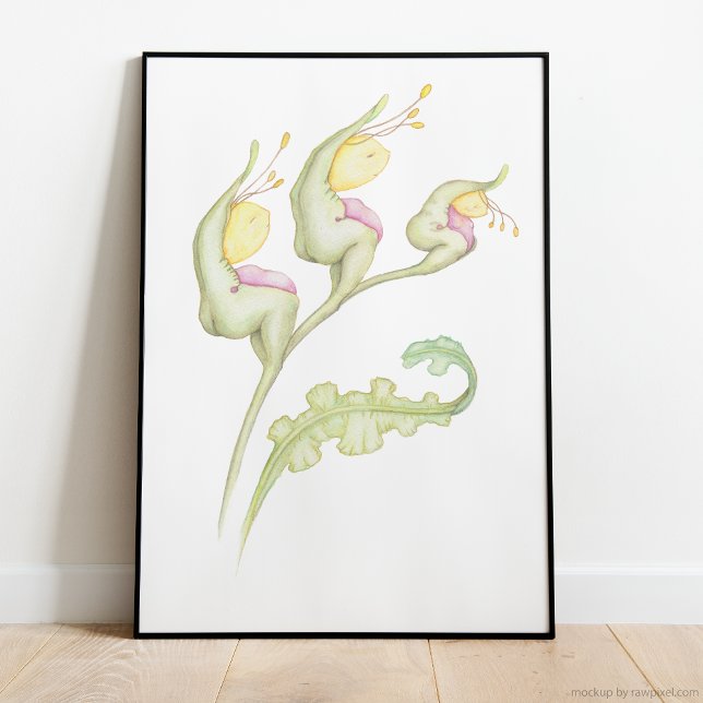 Affiche Imaginaire floral botanique capricieux aquarelle (Whimsical floral fantasy beings on plant stem in watercolor artwork)