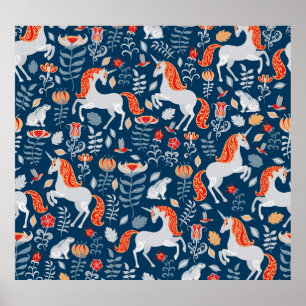 Affiche Imaginaire folklorique : licornes, lapins, oiseaux