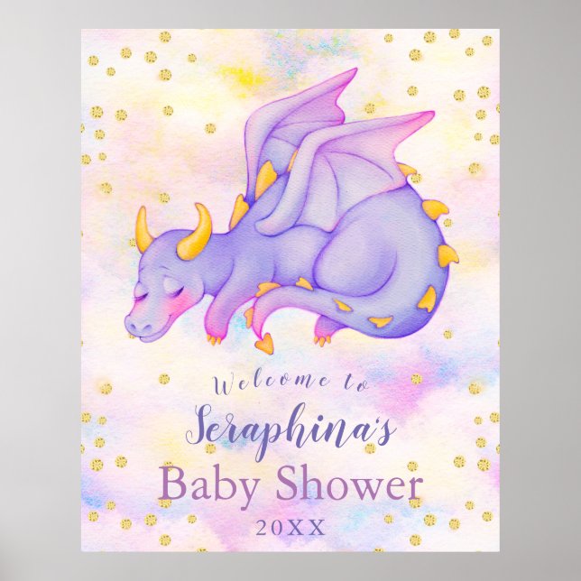 Affiche Imaginaire Girls Purple Dragon Baby shower Bienven (Devant)