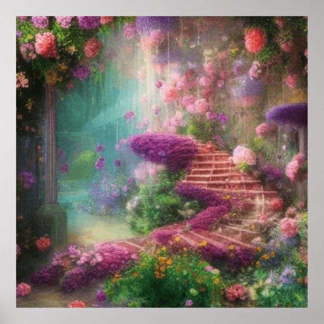 Affiche Imaginaire Jardin Magique Avec Fleurs Et Escaliers (Devant)