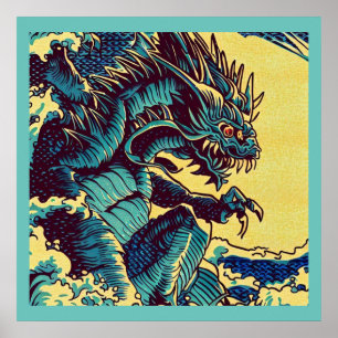 Affiche Imaginaire Kaiju Anime - Woodcut 1