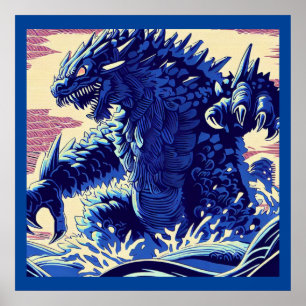 Affiche Imaginaire Kaiju Anime - Woodcut 2