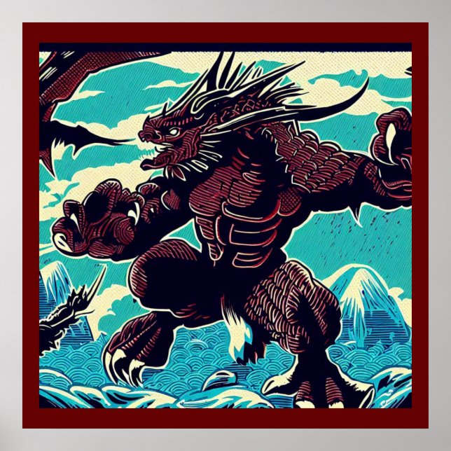 Affiche Imaginaire Kaiju Anime - Woodcut 3 (Devant)