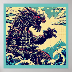 Affiche Imaginaire Kaiju Anime - Woodcut 4