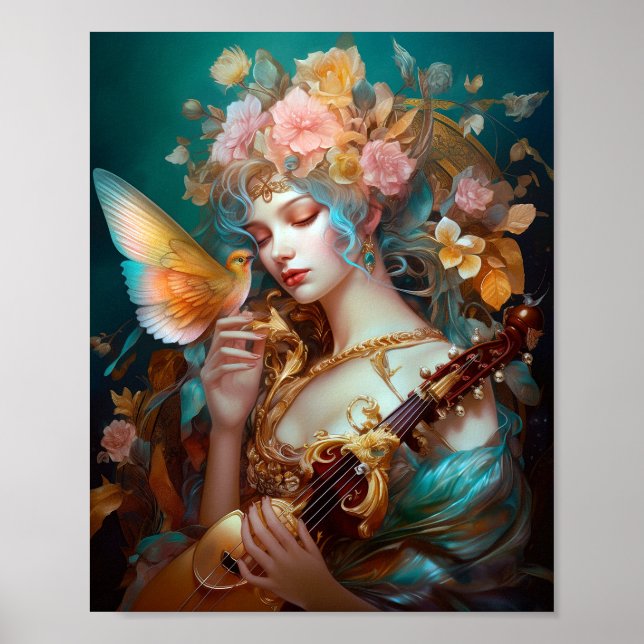 Affiche Imaginaire Lady Avec Lute & Butterfly Bird (Devant)
