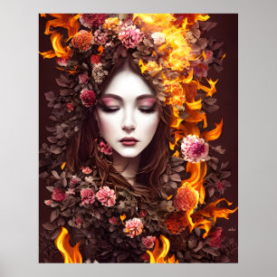 Affiche Imaginaire magique beau visage fleurs feu