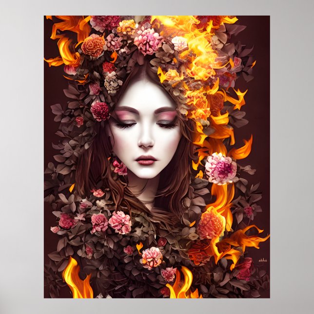 Affiche Imaginaire magique beau visage fleurs feu (Devant)